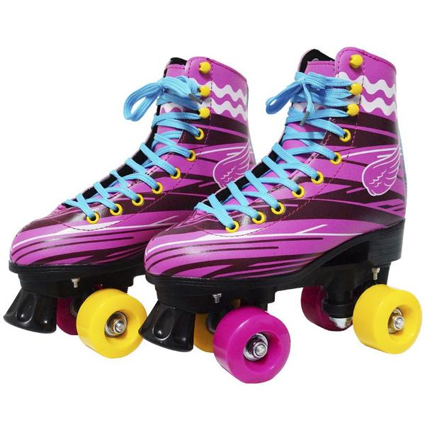 Imagem de Kit Patins Clássico Quad 4 Rodas Roller + Acessórios Feminino Rosa Tam 28 Importway BW-021-R