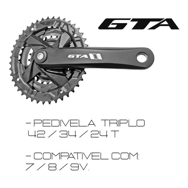 Imagem de Kit Pe De Vela Triplo Bike Gta Alumínio 42/34/24 Pedivela Três Coroas Index 21v 3x8 3x9 + Movimento Central Ponta Quadrada 122.5mm Rolamento