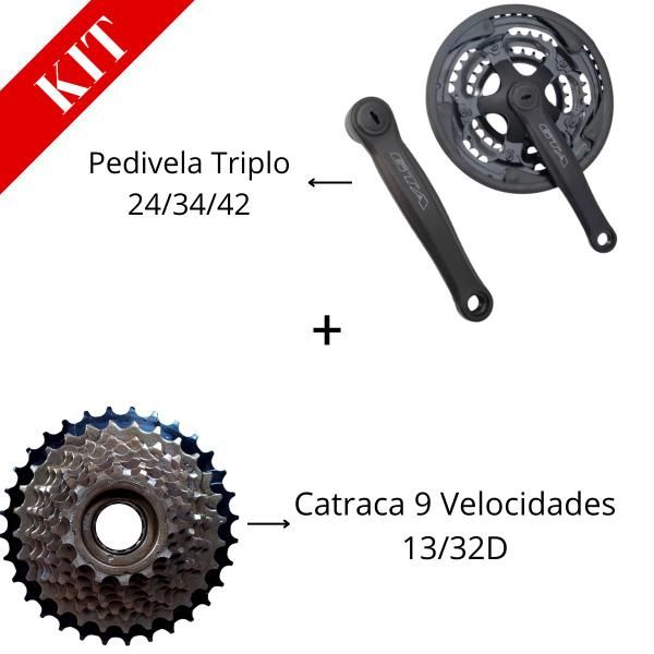 Kit Pedevela Mtb 24/34/42 Bike Catraca Roda Livre 13/32 9V - PACO ORIGINAL REBECHI BIKES CICLISMO SPORTS Imagem de Kit Pedevela Mtb 24/34/42 Bike Catraca Roda Livre 13/32 9V