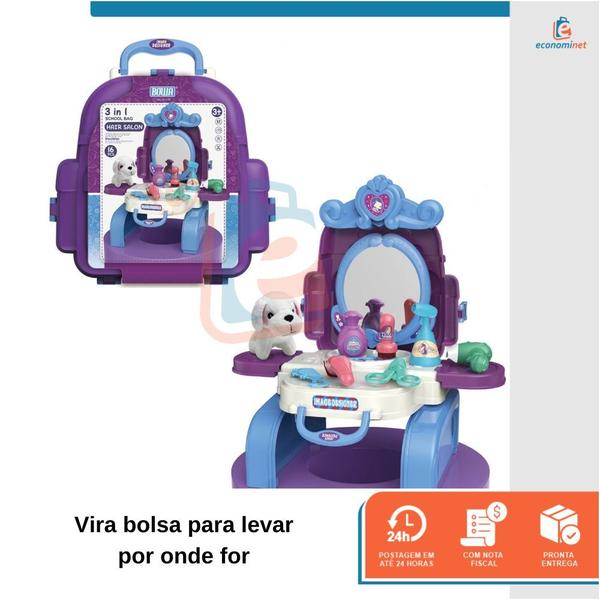 Imagem de Kit Penteadeira Banho e Tosa Pet Brinquedo Infantil 2 em 1 Vira Mochila Interativo Criança Cuidar Animais Pet