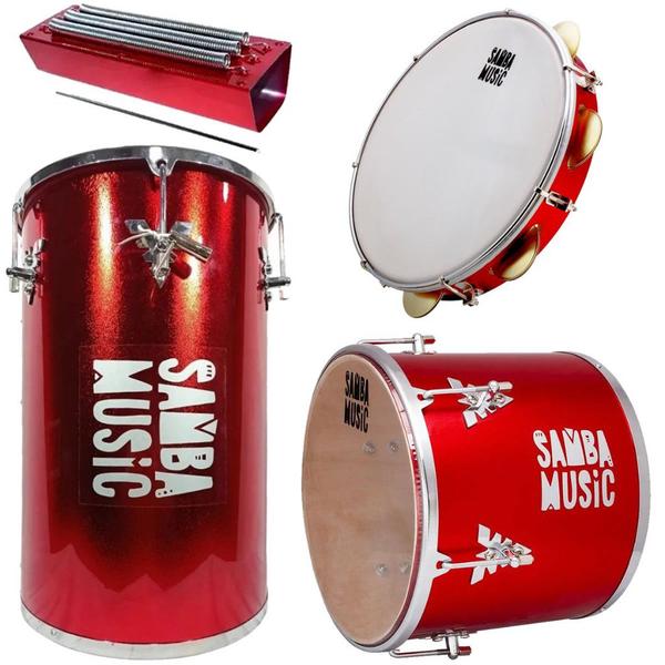 Imagem de Kit Percussão Samba Music Vermelho PHX Rebolo Repique Reco-Reco e Pandeiro