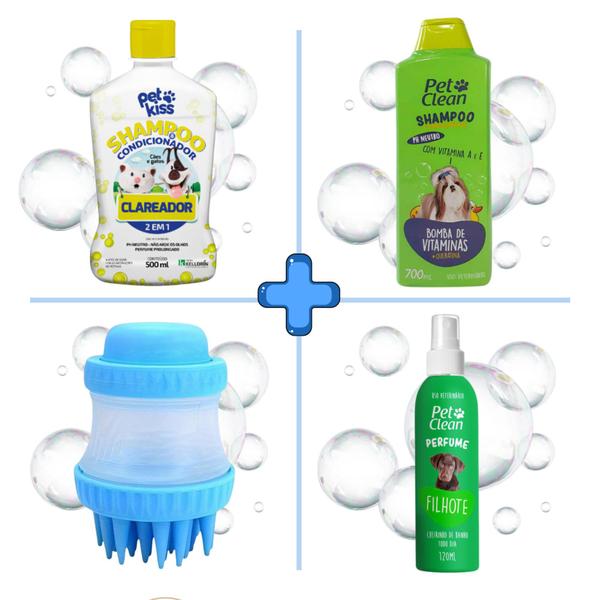 Imagem de Kit Perfume Pet 120ml + Escova de Banho Pet  + Shampoo Pet Vitaminas 700ml + Clareador 500ml