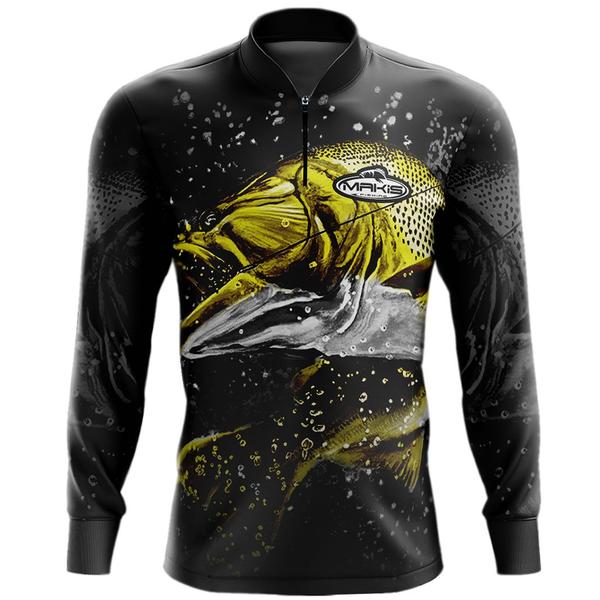 Imagem de Kit Pesca Camiseta Casal Manga Longa Peixe Dourado Gola Ziper