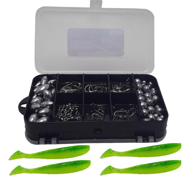 Imagem de Kit Pesca Esportiva 5 Iscas de Silicone Chumbada Anzol e Girador