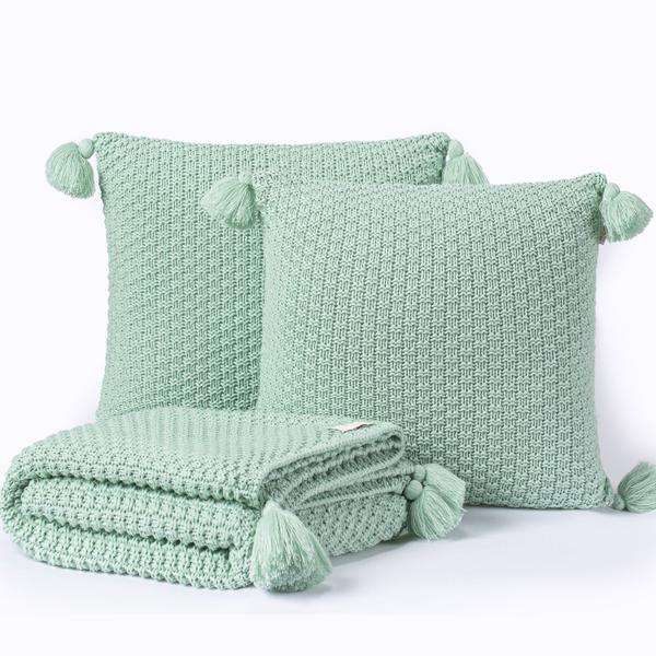 Imagem de Kit Peseira Manta Pompom Trico Sofá Cama Queen 230x60cm + 2 Capas de Almofada Istambul