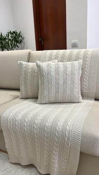 Imagem de Kit Peseira Manta Trança Tricot Cama Queen 230x60cm Madrid + 2 capas