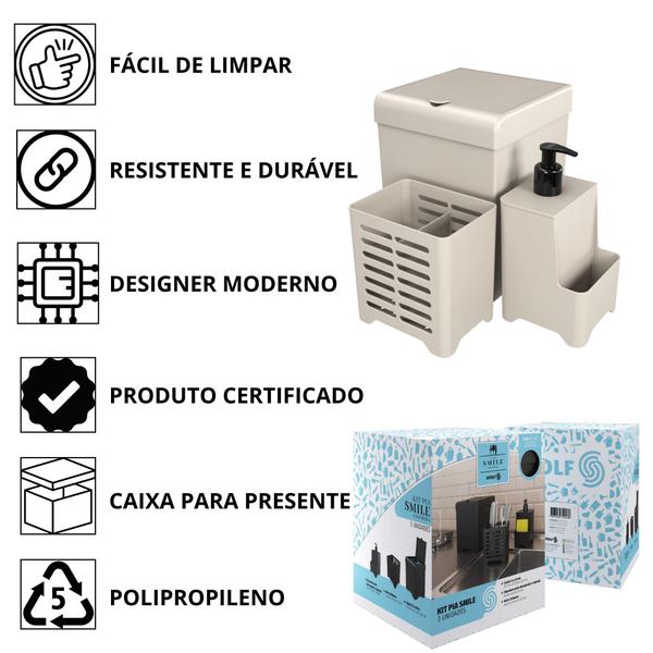 Imagem de Kit Pia Cozinha 3 Pçs Lixeira Porta talheres Dispenser Smile