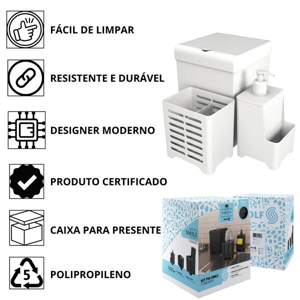 Imagem de Kit Pia Cozinha 3 Pçs Lixeira Porta talheres Dispenser Smile