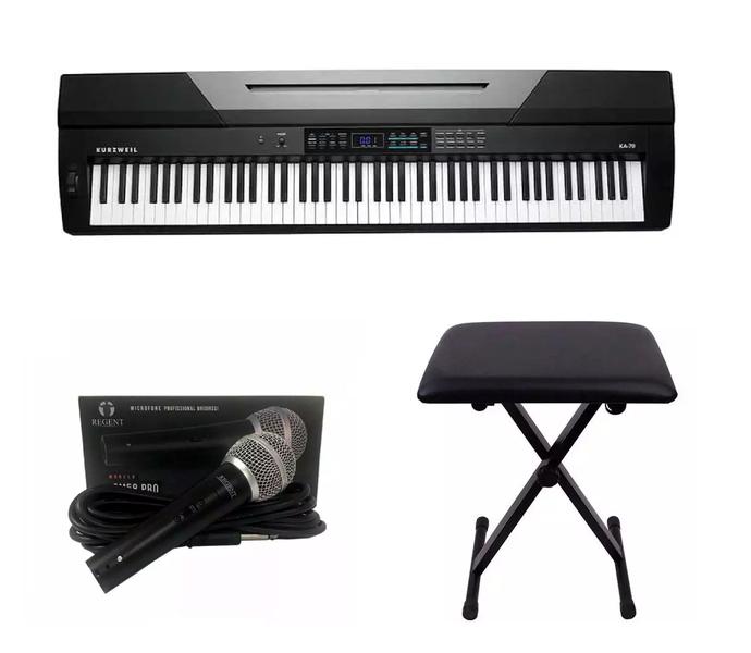 Imagem de Kit Piano Arranjador Kurzweil KA70 com Banqueta e Microfone