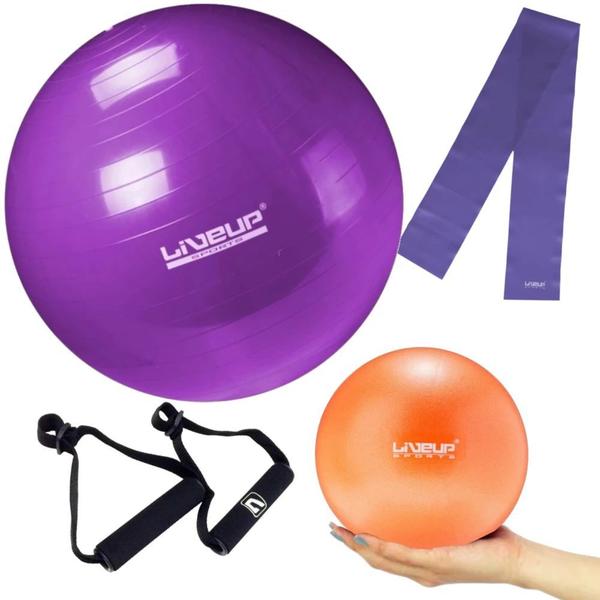 Imagem de Kit Pilates Bola Suica 55 Cm + Faixa Elastica Media + Overball 25cm + Par de Pegador  Liveup Sports 