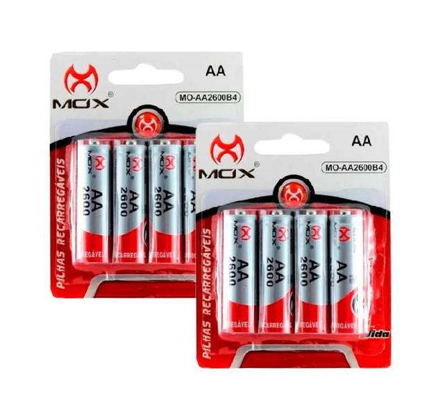 Imagem de Kit Pilhas Recarregáveis Mox AA Com 8 Unidades 2600 Mah