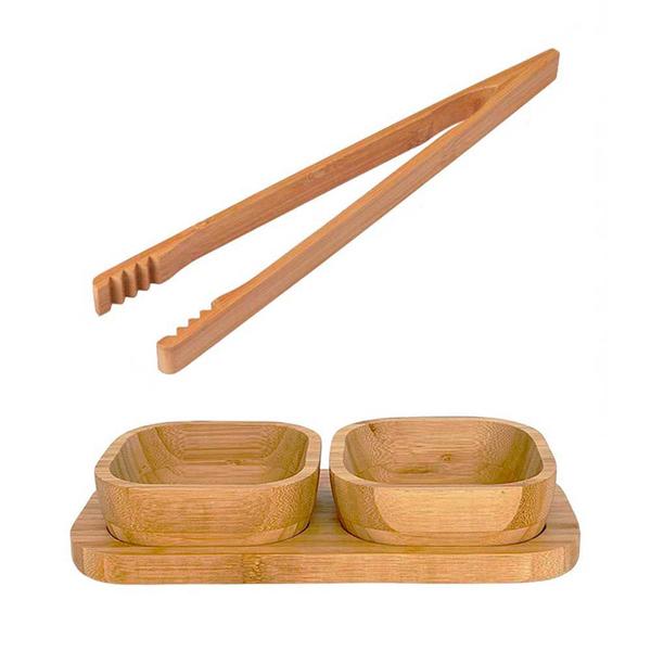 Imagem de Kit Pinça reta culinária 36cm jogo petisqueira bambu 3 peças frios porções aperitivos salada fritura