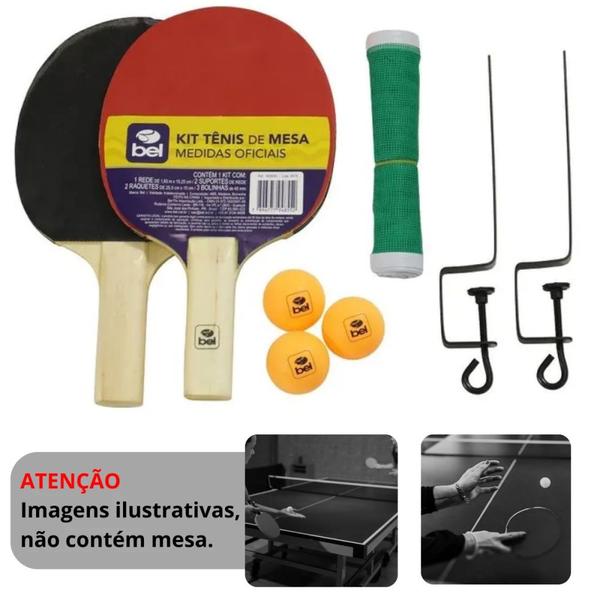 Imagem de Kit Ping-pong 2 Raquetes + Suporte + Rede + 3 Bolinhas Bel