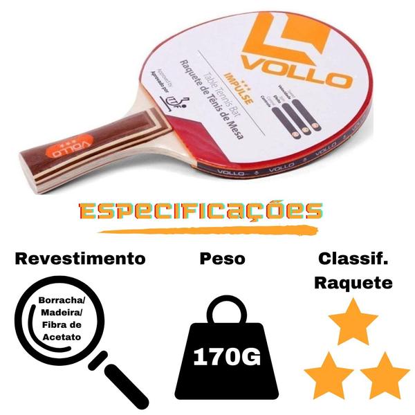 Imagem de Kit Ping Pong 6 Bolas Branca 1 Estrela + 2 Raquetes Impulse Vollo