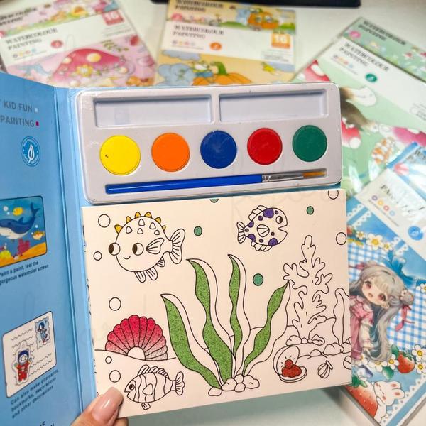 Imagem de Kit Pintura Aquarela com Pincel - Livro Watercolour Painting - Mini Bloco com 16 Desenhos Fofo Kawai - 12 x 15,5