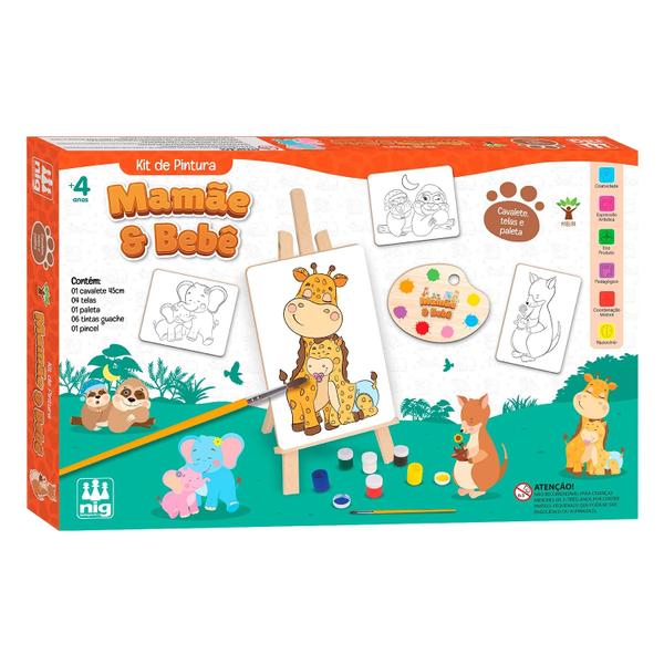 Imagem de Kit Pintura Infantil Com Cavalete Mamãe E Bebê Tintas Telas Em Madeira Nig Brinquedos