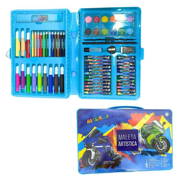 Kit Pintura Maleta 68 Peças p/ Menino Canetinha Giz, Lápis Misaki
