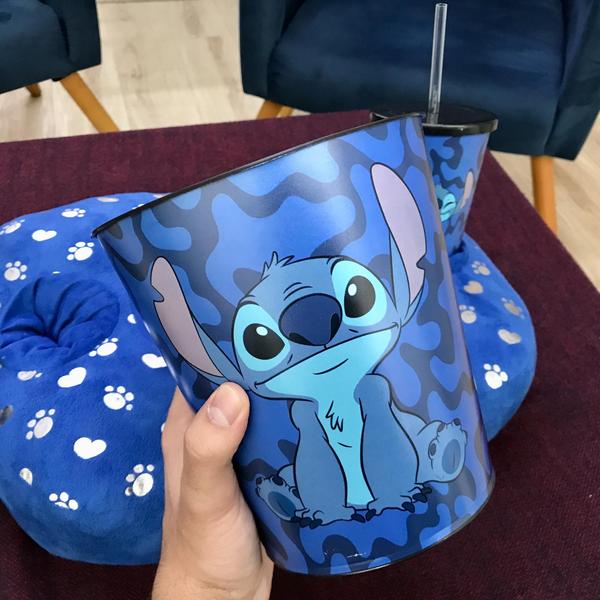 Imagem de Kit Pipoca Disney Stitch Suede Almofada Balde + Copos Presente Criativo