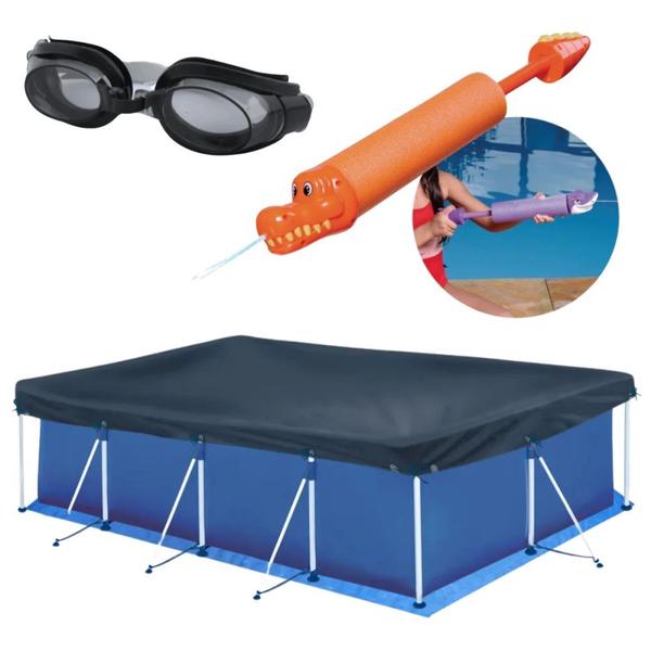 Imagem de Kit Piscina 5000 Litros + Lanca Agua Animais Sortido + Oculos Natacao Infantil Preto + Capa e Forro