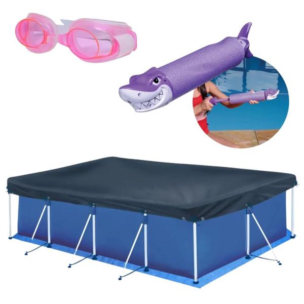 Imagem de Kit Piscina 5000 Litros + Lanca Agua Animais Sortido + Oculos Natacao Infantil Rosa + Capa e Forro