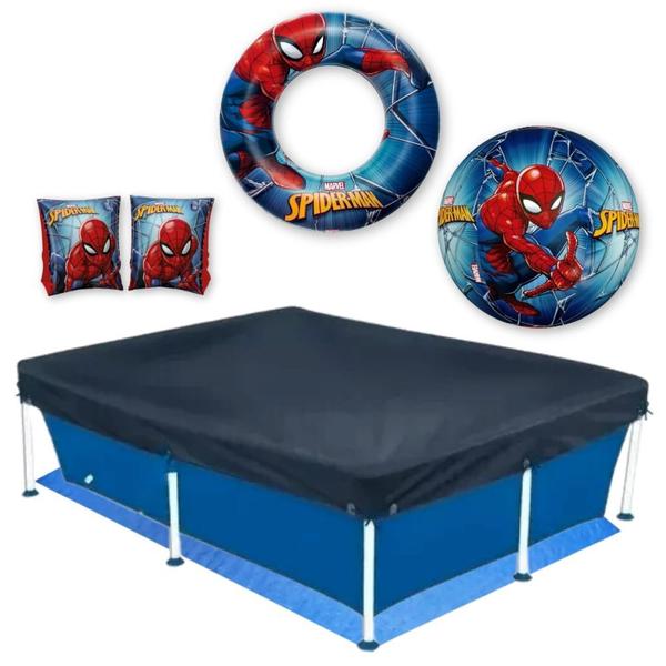 Imagem de Kit Piscina de Armacao 1000l + Capa + Forro + Bola e Boias Homem-aranha