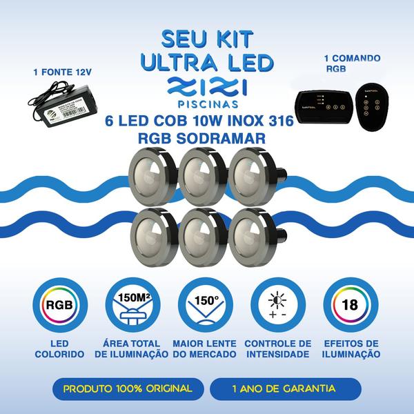 Imagem de Kit Piscina Iluminação - 150m² - 6 Leds 10w + Comando Rgb