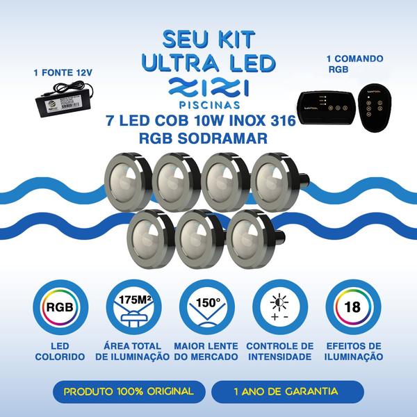 Imagem de Kit Piscina Iluminação - 175m² - 7 Leds 10w + Comando Rgb