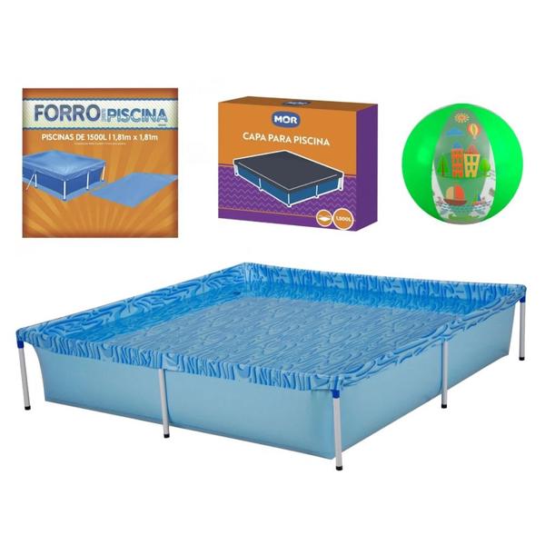 Imagem de Kit Piscina Quadrada 1500 Litros + Capa e Forro Mor + Bola Inflavel Verde