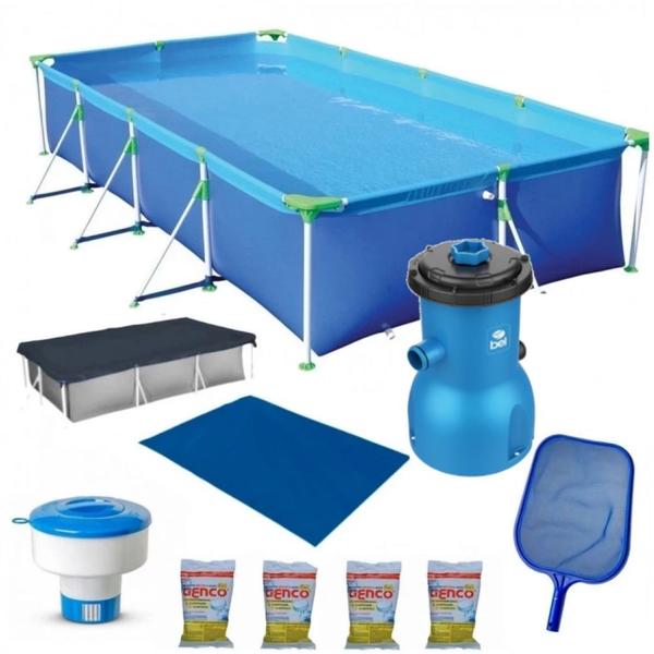 Imagem de Kit Piscina Vinil 6200 Litros + Capa + Forro + Filtro 110v 3028 L/H + Cloro + Peneira + Flutuador