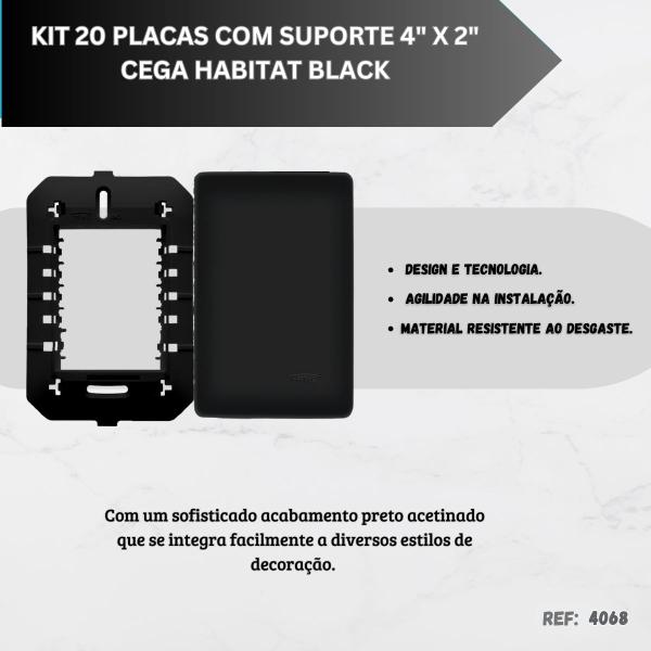 Imagem de Kit Placa 4 X 2 Cega Preto C/ Suporte 20 unidades FAME