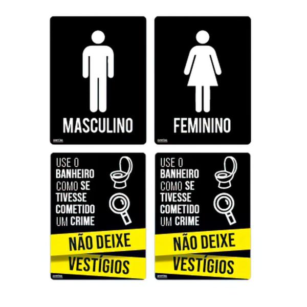 Imagem de Kit Placa de Sinalização Banheiro Masculino, Feminino e Não deixe Vestígios