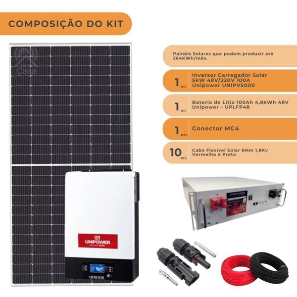 Imagem de Kit Placa Solar Monocristalino 264kWh/mês Inversor e Bateria de Lítio Unipower