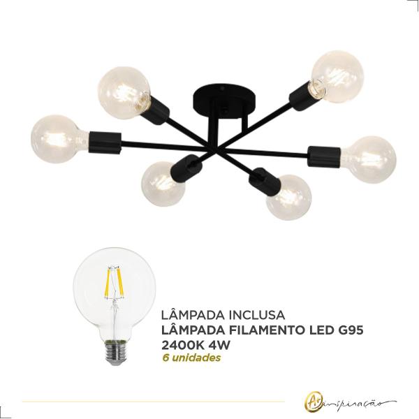 Imagem de Kit Plafon Sobrepor Hashteg 6XE27 Com Lâmpadas Inclusas Bulbo G95 OPUS LED 2400K