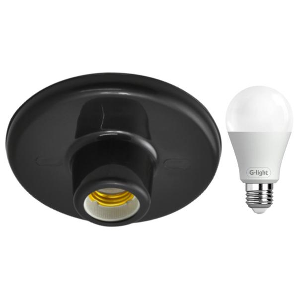 Imagem de Kit Plafonier Plafon Soquete E27 Preto Com Lâmpada Led 6,5W Autovolt Cor Da Luz Branca P/ Sala Quarto Cozinha