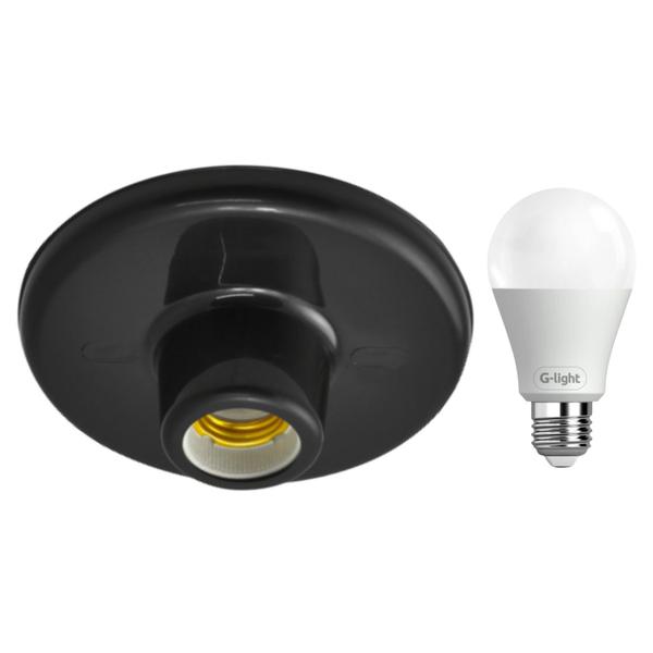 Imagem de Kit Plafonier Plafon Soquete E27 Preto Com Lâmpada Led 9W Autovolt Cor Da Luz Branca P/ Sala Quarto Cozinha