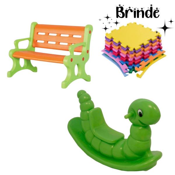 Kit Playground: Banco, Gangorra Nhoca e Tatames Coloridos - valentina Brinquedos Imagem de Kit Playground: Banco, Gangorra Nhoca e Tatames Coloridos