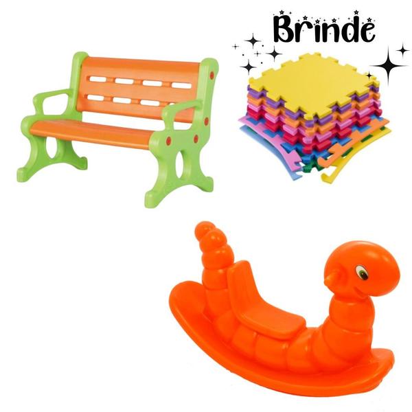Kit Playground: Banco, Gangorra Nhoca e Tatames Coloridos - valentina Brinquedos Imagem de Kit Playground: Banco, Gangorra Nhoca e Tatames Coloridos