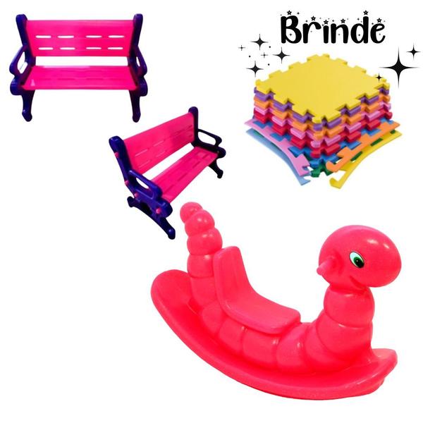 Kit Playground: Banco, Gangorra Nhoca e Tatames Coloridos - valentina Brinquedos Imagem de Kit Playground: Banco, Gangorra Nhoca e Tatames Coloridos
