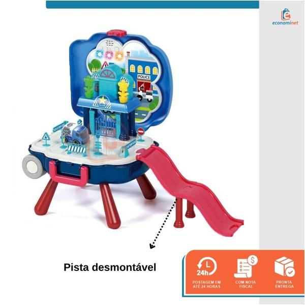 Imagem de Kit Policial Policia Faz de Conta Brinquedo Infantil 2 em 1 Maleta Mochila Bancada Interativo Som Luz Profissão Menino