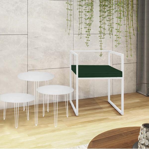 Imagem de Kit Poltrona Cubo com 3 Mesas Roma Ferro Branco Tampo Redondo Branco Suede Verde - Ahazzo Móveis