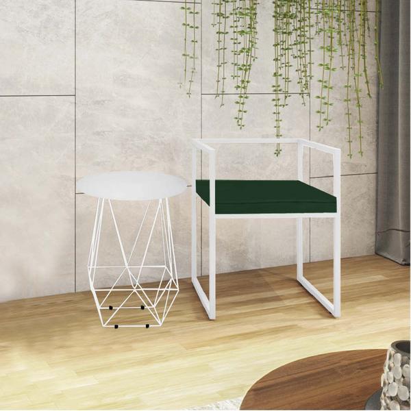 Imagem de Kit Poltrona Cubo com Mesa Lol Ferro Branco Tampo Redondo Branco Suede Verde - Ahazzo Móveis