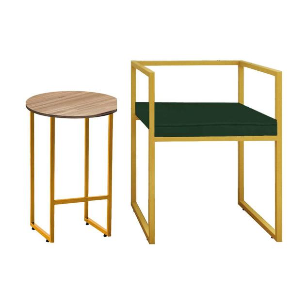 Imagem de Kit Poltrona Cubo com Mesa Will Ferro Dourado Tampo Redondo Castanho Suede Verde - Ahz Móveis