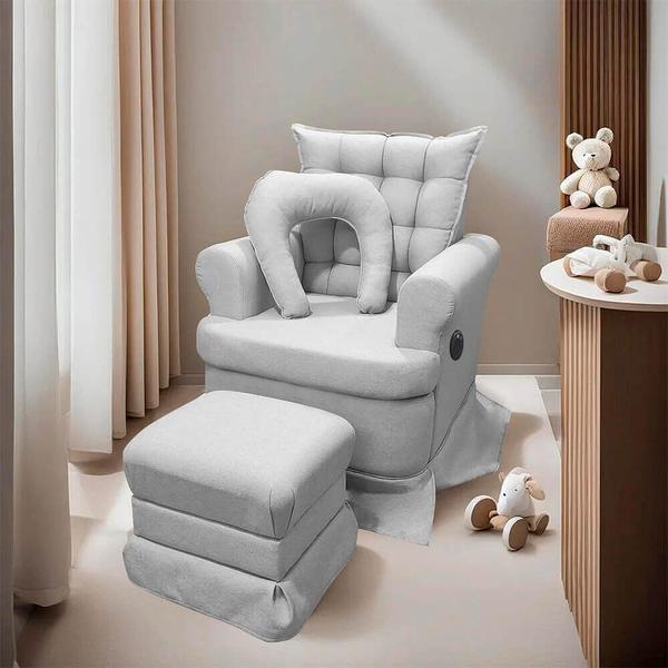 Kit Poltrona de Amamentação Aconchego com Massagem Base Balanço + Puff Linho Cinza SOFA STORE Imagem de Kit Poltrona de Amamentação Aconchego com Massagem Base Balanço + Puff Linho Cinza SOFA STORE