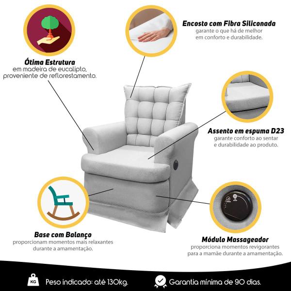 Kit Poltrona de Amamentação Aconchego com Massagem Base Balanço + Puff Linho Cinza SOFA STORE Imagem de Kit Poltrona de Amamentação Aconchego com Massagem Base Balanço + Puff Linho Cinza SOFA STORE