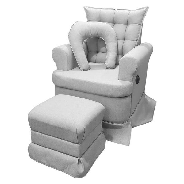 Kit Poltrona de Amamentação Aconchego com Massagem Base Balanço + Puff Linho Cinza SOFA STORE Imagem de Kit Poltrona de Amamentação Aconchego com Massagem Base Balanço + Puff Linho Cinza SOFA STORE