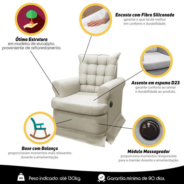 Imagem de Kit Poltrona de Amamentação com Massagem + Base Balanço e Puff Linho Dourado SOFA STORE