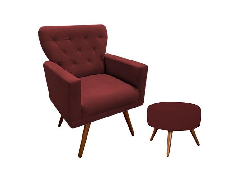 Imagem de Kit Poltrona Decorativa Aurora + 1 Puff Redondo Suede Marsala Pés Madeira Mz Decor