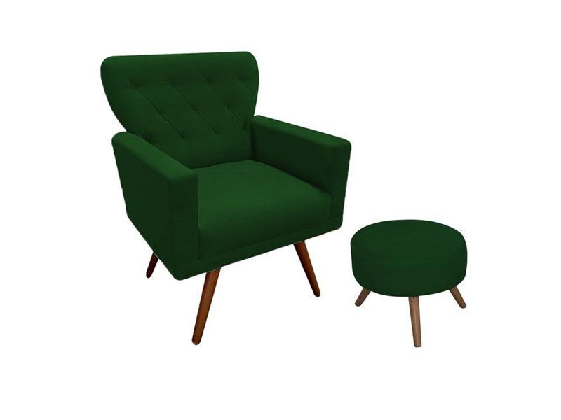 Imagem de Kit Poltrona Decorativa Aurora + 1 Puff Redondo Suede Verde Pés Madeira Mz Decor