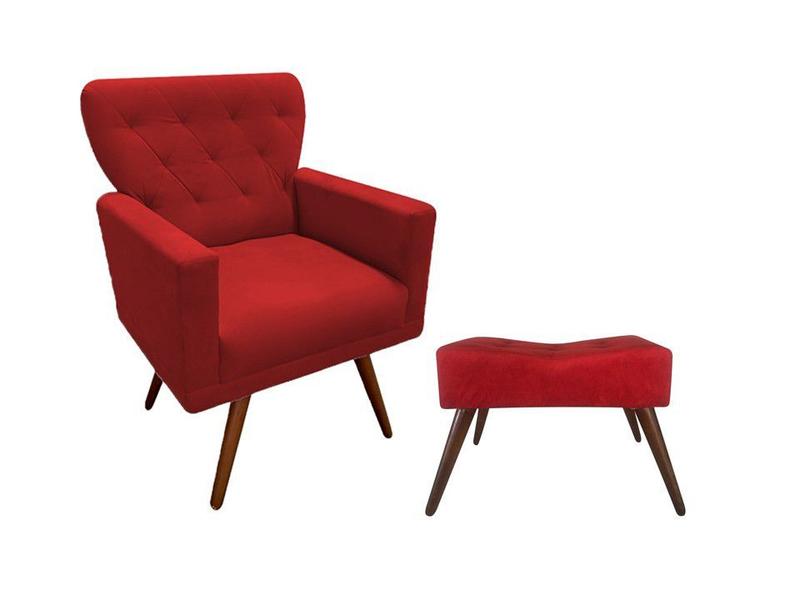 Imagem de Kit Poltrona Decorativa Aurora + 1 Puff Retangular Suede Vermelho Pés Madeira Mz Decor