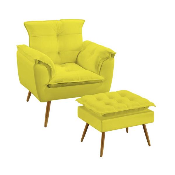 Imagem de Kit Poltrona Decorativa Beta e Puff Lunar Suede Amarelo Aradecor